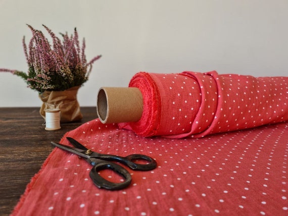 Linen fabric coral pink with dots, Fabric by the yard or meter, Softened washed linen fabric