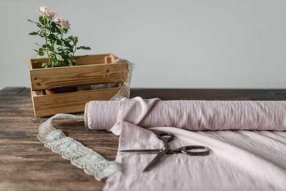 Linen fabric pastel pink, Washed softened flax fabrics, Fabric by the yard or meter