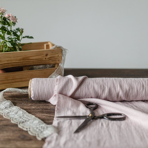 Linen fabric pastel pink, Washed softened flax fabrics, Fabric by the yard or meter