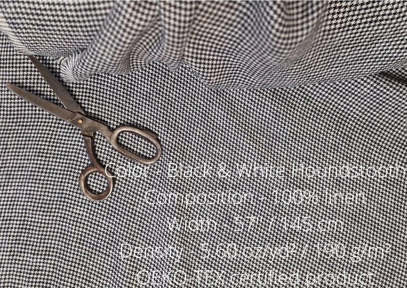 Black & White houndstooth linen fabric, Washed fabric by the yard or meter, Flax sewing fabrics image 2