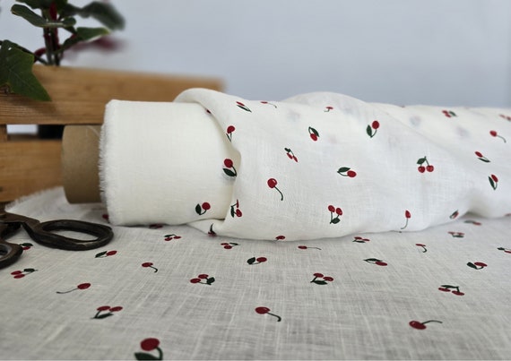 Linen fabric milk white with printed cherries, Printed linen fabric by the yard or meter