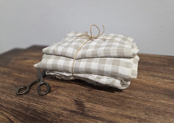 Linen Fabric Remnants checked white natural – Assorted Sizes & Colors – Natural 100% Linen Leftovers