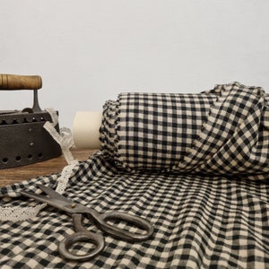 Linen fabric black with sand beige checks, Linen fabric by the yard or meter, Checked flax for sewing zdjęcie 3