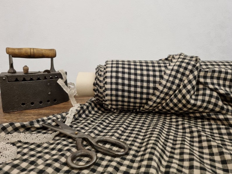 Linen fabric black with sand beige checks, Linen fabric by the yard or meter, Checked flax for sewing image 3