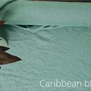 Tessuto di lino Verde pavone, Tessuto tagliato a misura o metro, Tessuto di lino lavato biologico Caribbean Blue