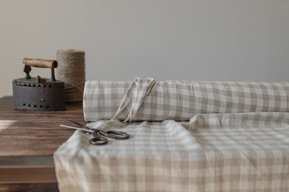 Linen fabric milk white with natural checks, Linen fabric by the yard or meter, Checked flax for sewing