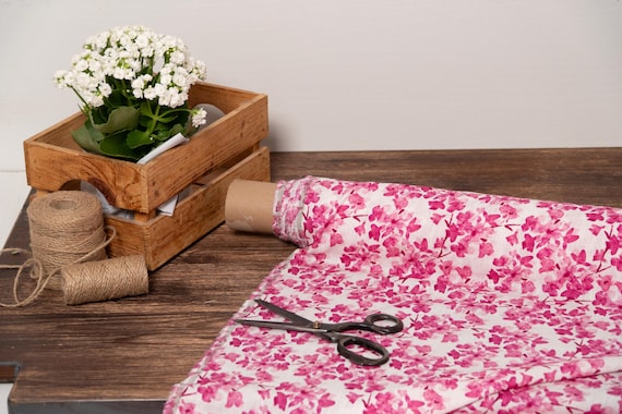 White with pink floral printed linen blend fabric, Fabric by the yard or meter