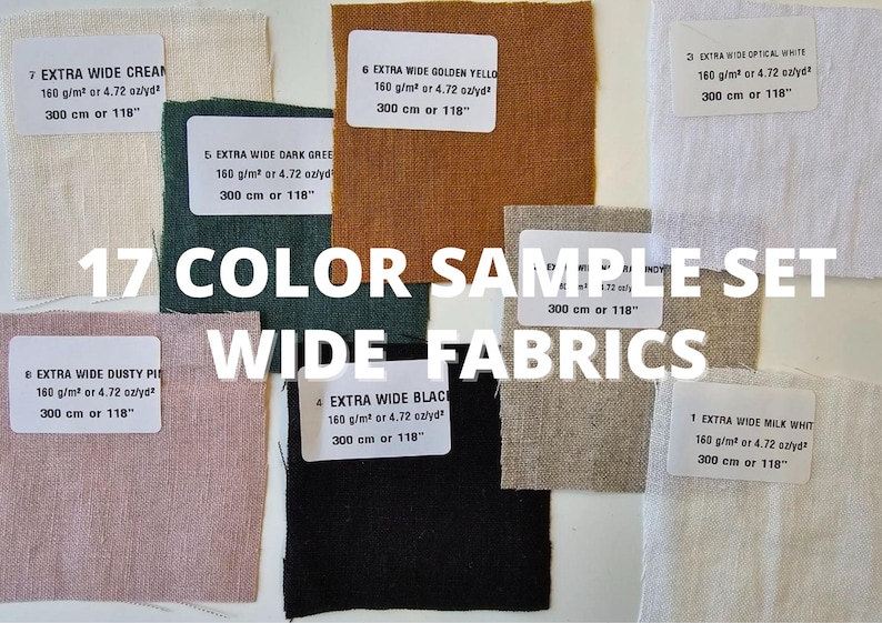 17 different color pattern extra wide sample set linen fabric texture, natural woven linen material for curtains , 285 cm wide (112 inches), OEKO-TEX Standard 100 certified, medium weight, sold by length from 0.5 m or 0.5 yard