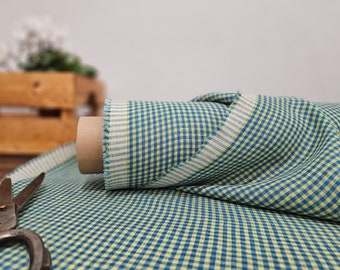 Linen fabric pear yellow with blue checks, Linen fabric by the yard or meter, Checked flax for sewing