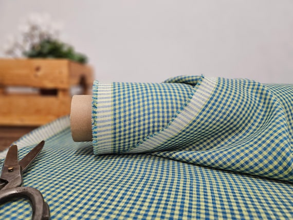 Linen fabric pear yellow with blue checks, Linen fabric by the yard or meter, Checked flax for sewing
