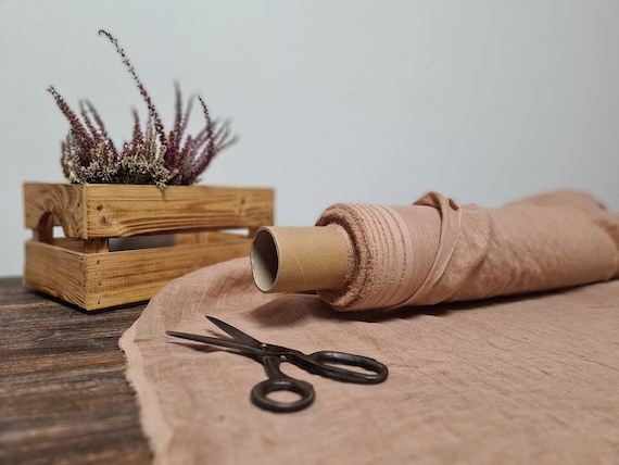 Nude beige thin linen gauze fabric, Pure semi sheer linen fabric, Fabric by the yard or meter