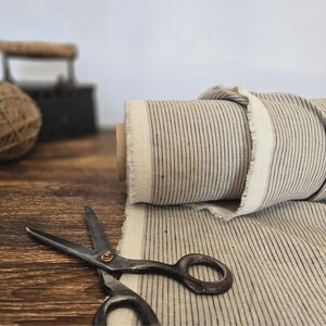 natural with brown stripe  linen blend fabric texture,  linen material for curtains and clothing, 145 cm wide (57 inches), medium weight, sold by length from 0.5 m or 0.5 yard