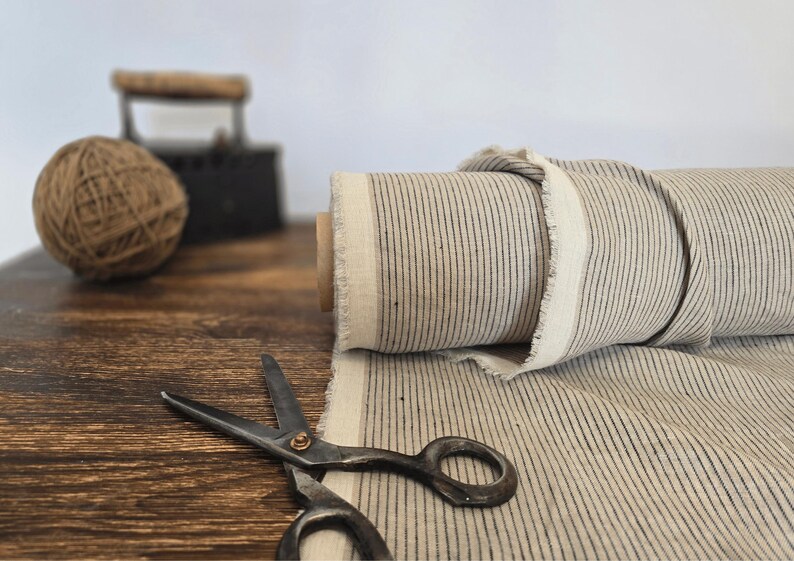 natural with brown stripe  linen blend fabric texture,  linen material for curtains and clothing, 145 cm wide (57 inches), medium weight, sold by length from 0.5 m or 0.5 yard