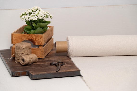 Milk white recycled  linen blend fabric, Recycled linen fabric by the yard or meter, Softened flax fabric