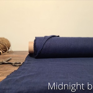 Linen fabric ocean blue, Washed softened flax fabrics, Fabric by the yard or meter Midnight Blue