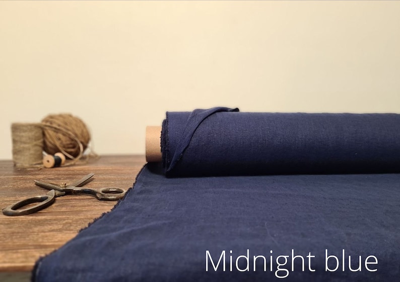 Linen fabric ocean blue, Washed softened flax fabrics, Fabric by the yard or meter Midnight Blue