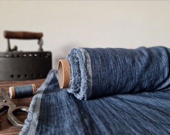 Linen fabric denim blue with white stripes, Natural fabric by the yard or meter,  Striped washed flax sewing fabrics