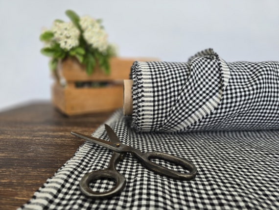 Linen fabric milk white with black mini checks, Linen fabric by the yard or meter, Checked flax for sewing