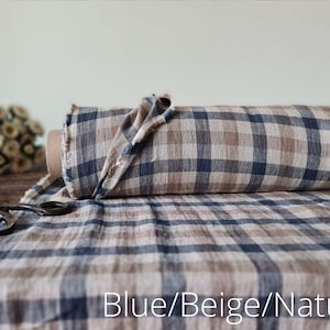 Tela de lino blanco leche con cuadros naturales, Tela de lino cortada a medida o metro, Lino a cuadros para coser Blue/Beige/Natural