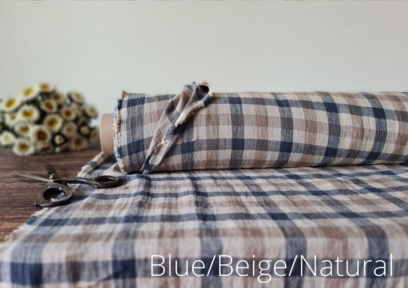 Linen fabric milk white with natural checks, Linen fabric by the yard or meter, Checked flax for sewing Blue/Beige/Natural