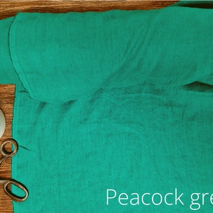 Moss Green linen fabric, Fabric by the yard or meter, Prewashed softened flax fabric Peacock Green