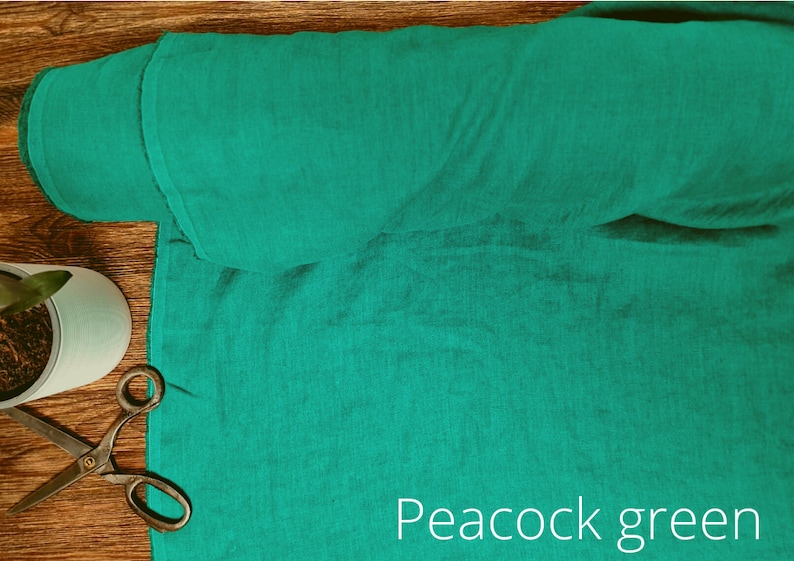 Moss Green linen fabric, Fabric by the yard or meter, Prewashed softened flax fabric Peacock Green