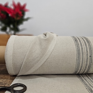 Linen fabric heavy natural with black stripes, Natural linen fabric by the yard or meter, Washed organic flax