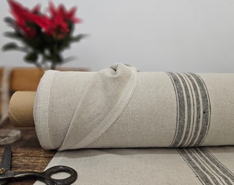 Linen fabric heavy natural with black stripes, Natural linen fabric by the yard or meter, Washed organic flax