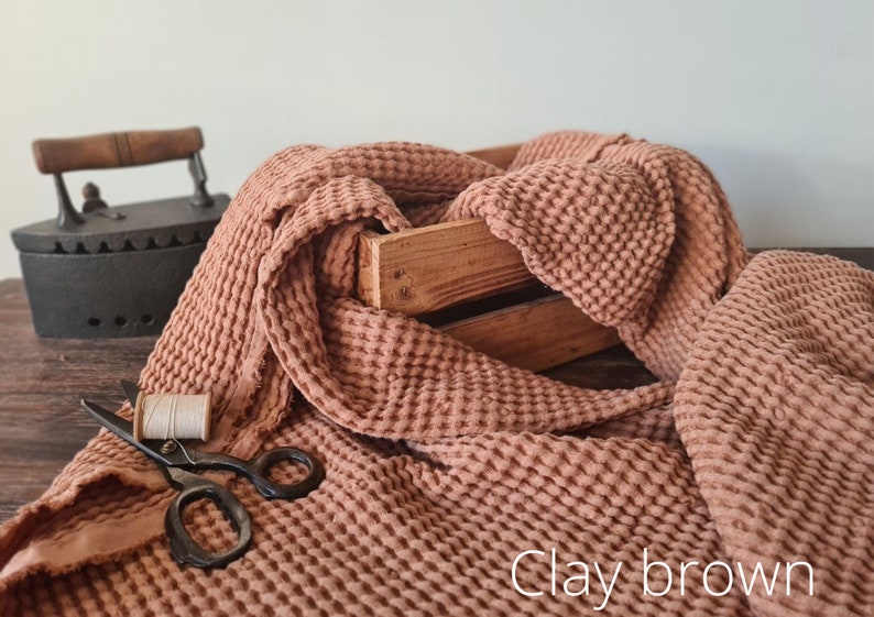 Waffle linen fabric grayish pink, Fabric by the yard or meter, Washed softened flax fabric Clay Brown