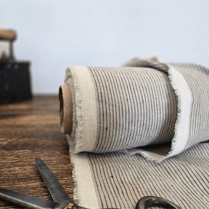 natural with brown stripe  linen blend fabric texture,  linen material for curtains and clothing, 145 cm wide (57 inches), medium weight, sold by length from 0.5 m or 0.5 yard