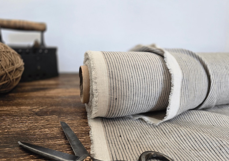 natural with brown stripe  linen blend fabric texture,  linen material for curtains and clothing, 145 cm wide (57 inches), medium weight, sold by length from 0.5 m or 0.5 yard