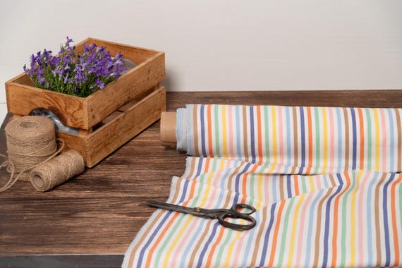 Light Rainbow striped lightweight linen blend fabric, Fabric by the yard or meter