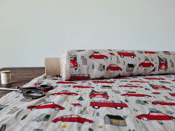 Linen fabric Christmas , Organic printed linen fabric, Fabric by the yard or meter