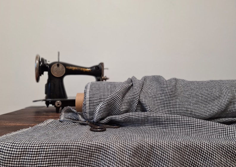 black with white houndstooth pattern linen fabric texture, natural woven linen material for curtains and clothing, 145 cm wide (57 inches), OEKO-TEX Standard 100 certified, medium weight, sold by length from 0.5 m or 0.5 yard