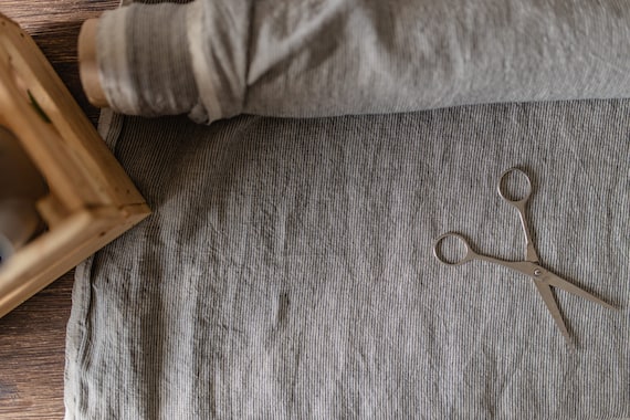 Black thin striped natural linen fabric, Natural fabric by the yard or meter, Washed flax sewing fabrics