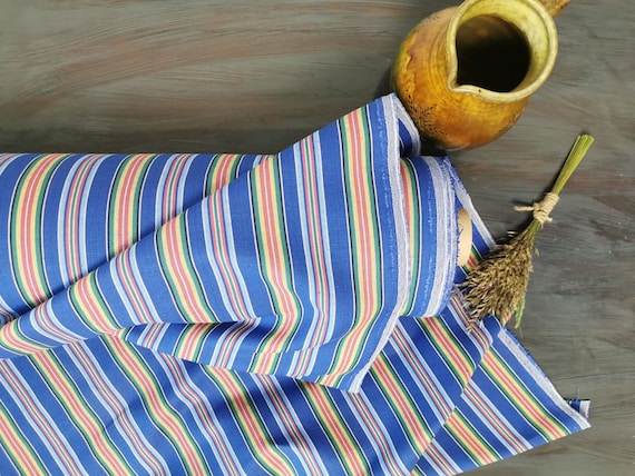 SALE Blue striped linen fabric, Heavy linen fabric, Blue linen fabric, Fabric by the yard, Blended linen fabric, Unwashed linen