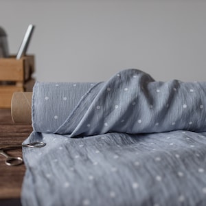 Blue linen fabric with polka dots, Fabric by the yard, Softened linen fabric, Washed linen fabrics, Natural linen fabric, Sewing fabric