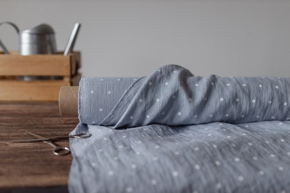 Blue linen fabric with polka dots, Fabric by the yard, Softened linen fabric, Washed linen fabrics, Natural linen fabric, Sewing fabric