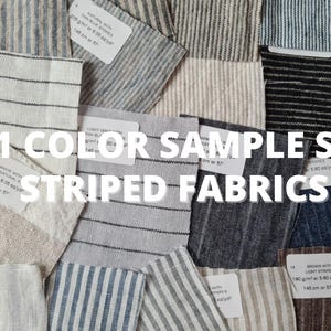 May include: A selection of 21 striped fabric swatches in diverse colours, such as blue, grey, black, and brown. The image showcases a range of striped designs and textures. The text "21 COLOR SAMPLE SET STRIPED FABRICS" is visible.