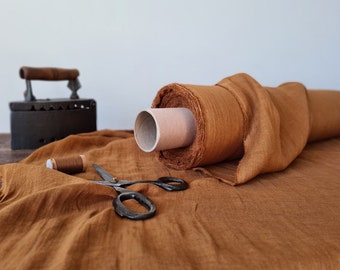 Cinnamon brown thin linen gauze fabric, Pure semi sheer linen fabric, Fabric by the yard or meter