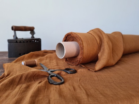 Cinnamon brown thin linen gauze fabric, Pure semi sheer linen fabric, Fabric by the yard or meter