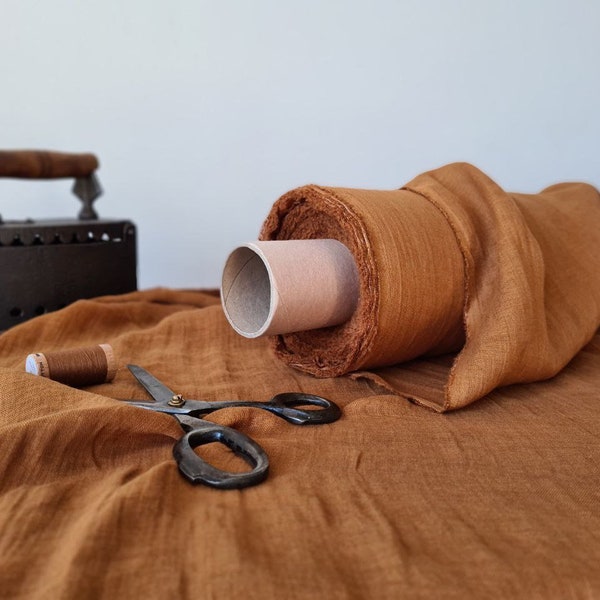 Cinnamon brown thin linen gauze fabric, Pure semi sheer linen fabric, Fabric by the yard or meter