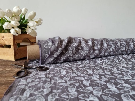 Printed linen iron gray fabric with leaves, Natural floral fabric by the yard or meter, Washed floral flax sewing fabrics