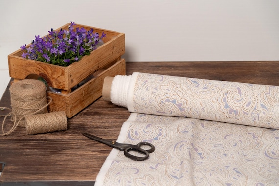 Boho paisley fabric beige linen blend fabric printed, Fabric by the yard or meter