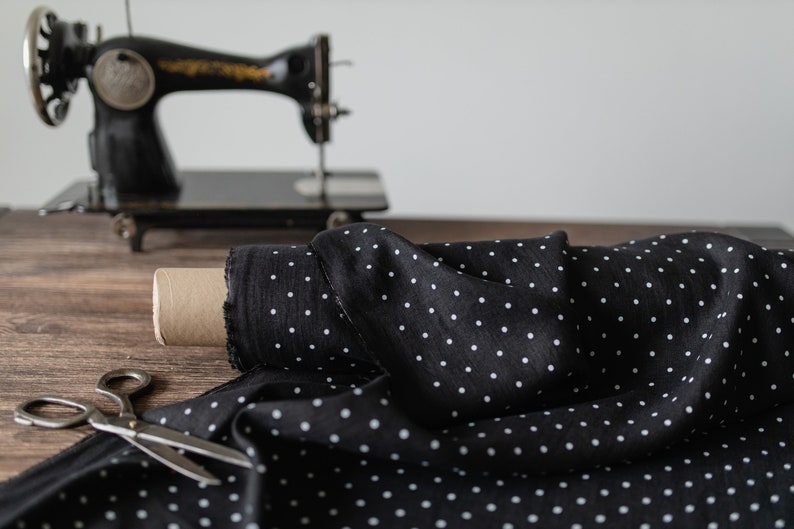 Black linen fabric with polka dots Fabric by the yard Etsy