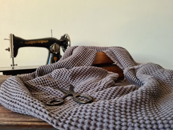 Waffle linen fabric grayish pink, Fabric by the yard or meter, Washed softened flax fabric