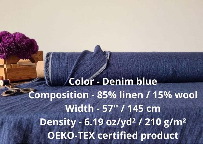Denim blue linen fabric with wool, Fabric by the yard or meter, washed linen fabric image 2