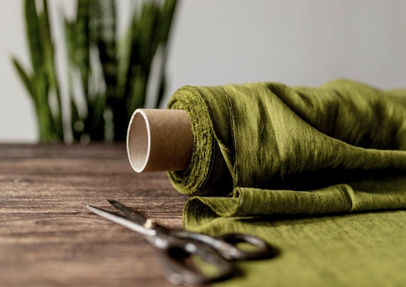Moss Green linen fabric, Fabric by the yard or meter, Prewashed softened flax fabric