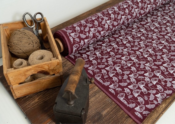 Burgundy purple linen fabric with white ginkgo leaves print by yard or meter medium weight 205 gsm 57 inch wide oeko tex