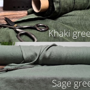 Linen fabric green tones, Fabric by the yard or meter, Softened washed flax fabric green shades image 8